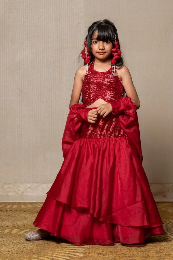 Elegant Red sequin top with flared skirt and Cape style Dupatta