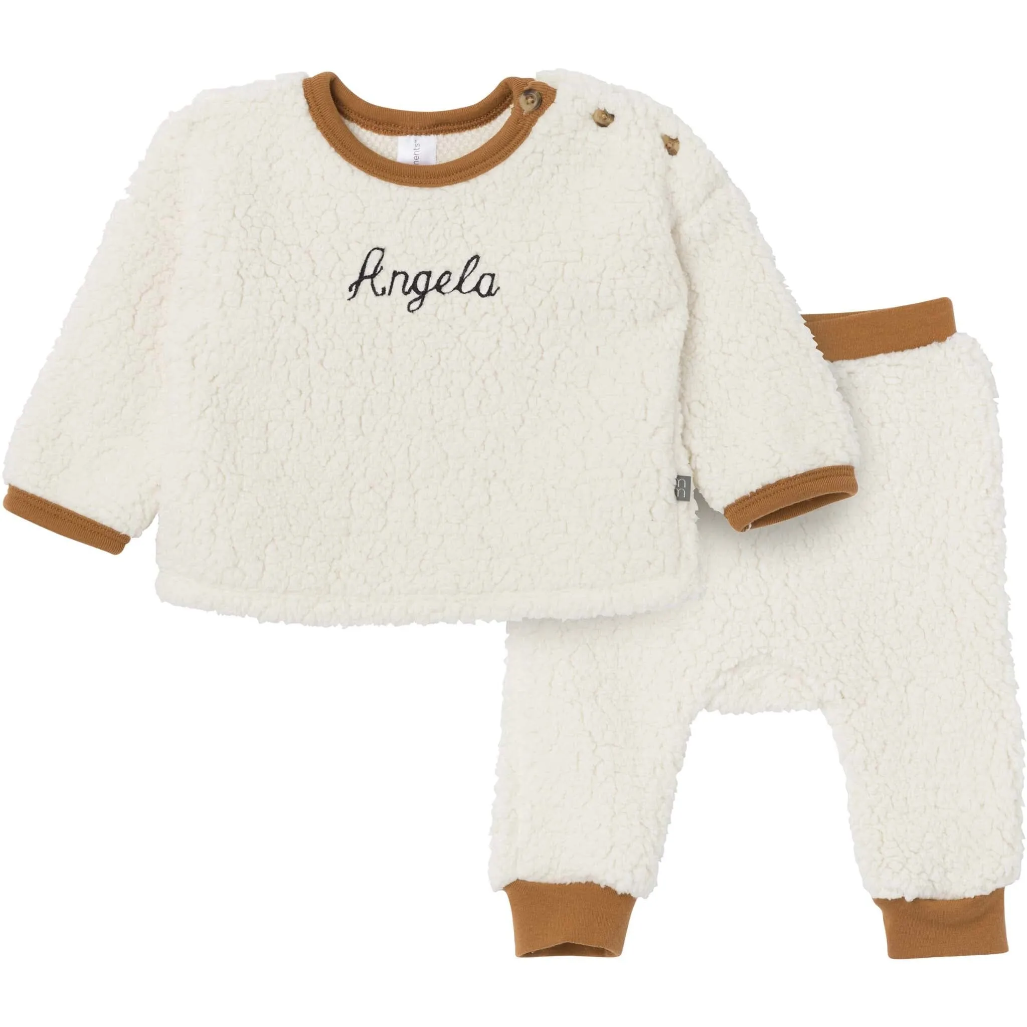 Embroidered 2-Piece Baby Neutral Ivory Sherpa Drop Shoulder Top With Pants