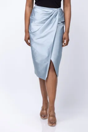 Emily Shalant Taffeta Faux Wrap Midi Skirt in Light Blue