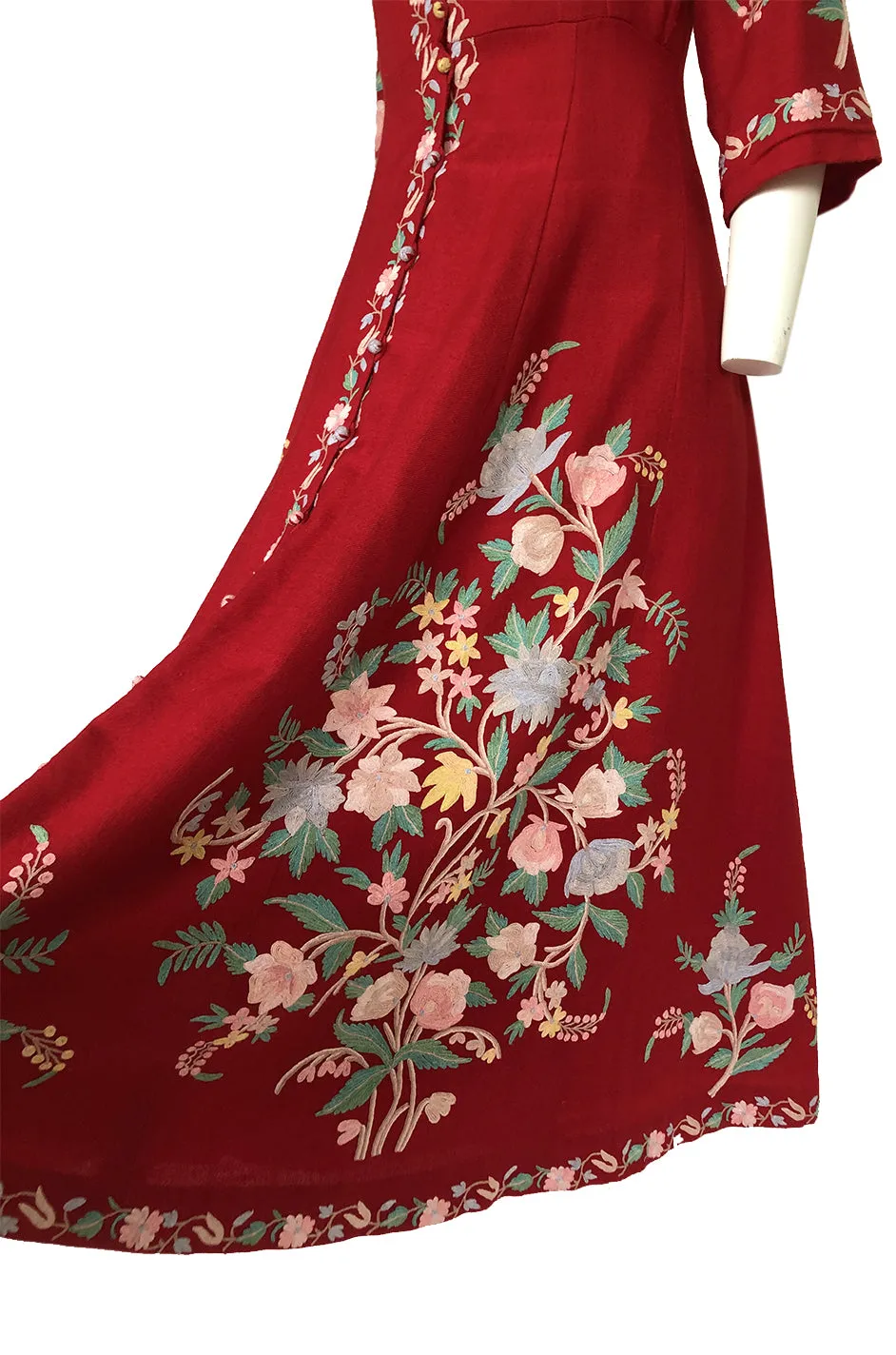 Exceptional 1930s Hand Embroidered Floral Crewel Red Dress or Coat