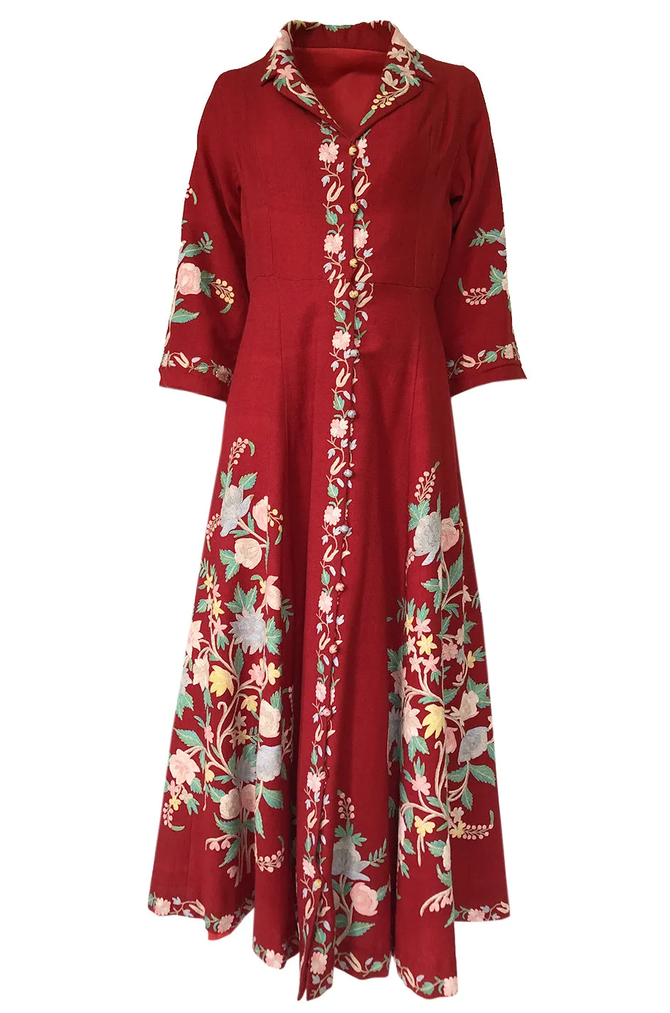 Exceptional 1930s Hand Embroidered Floral Crewel Red Dress or Coat