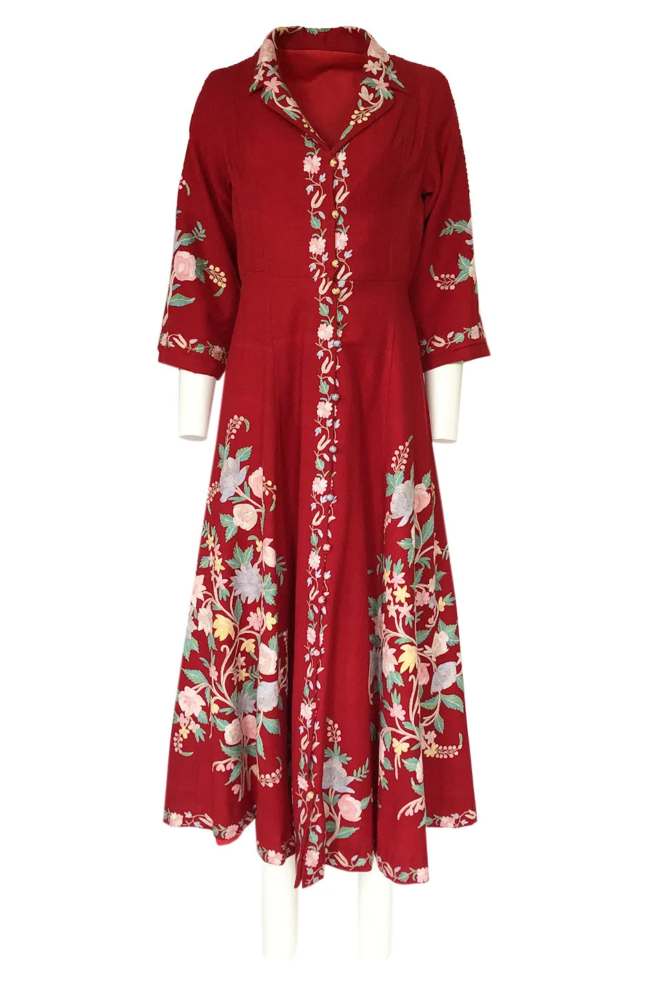 Exceptional 1930s Hand Embroidered Floral Crewel Red Dress or Coat