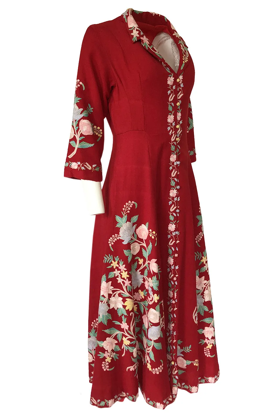 Exceptional 1930s Hand Embroidered Floral Crewel Red Dress or Coat