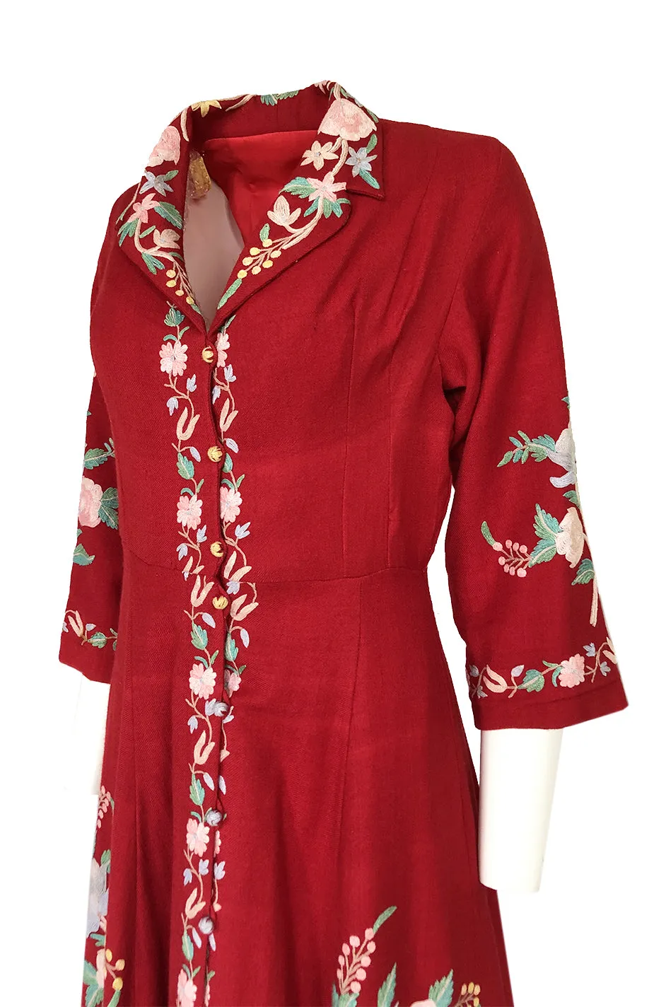 Exceptional 1930s Hand Embroidered Floral Crewel Red Dress or Coat