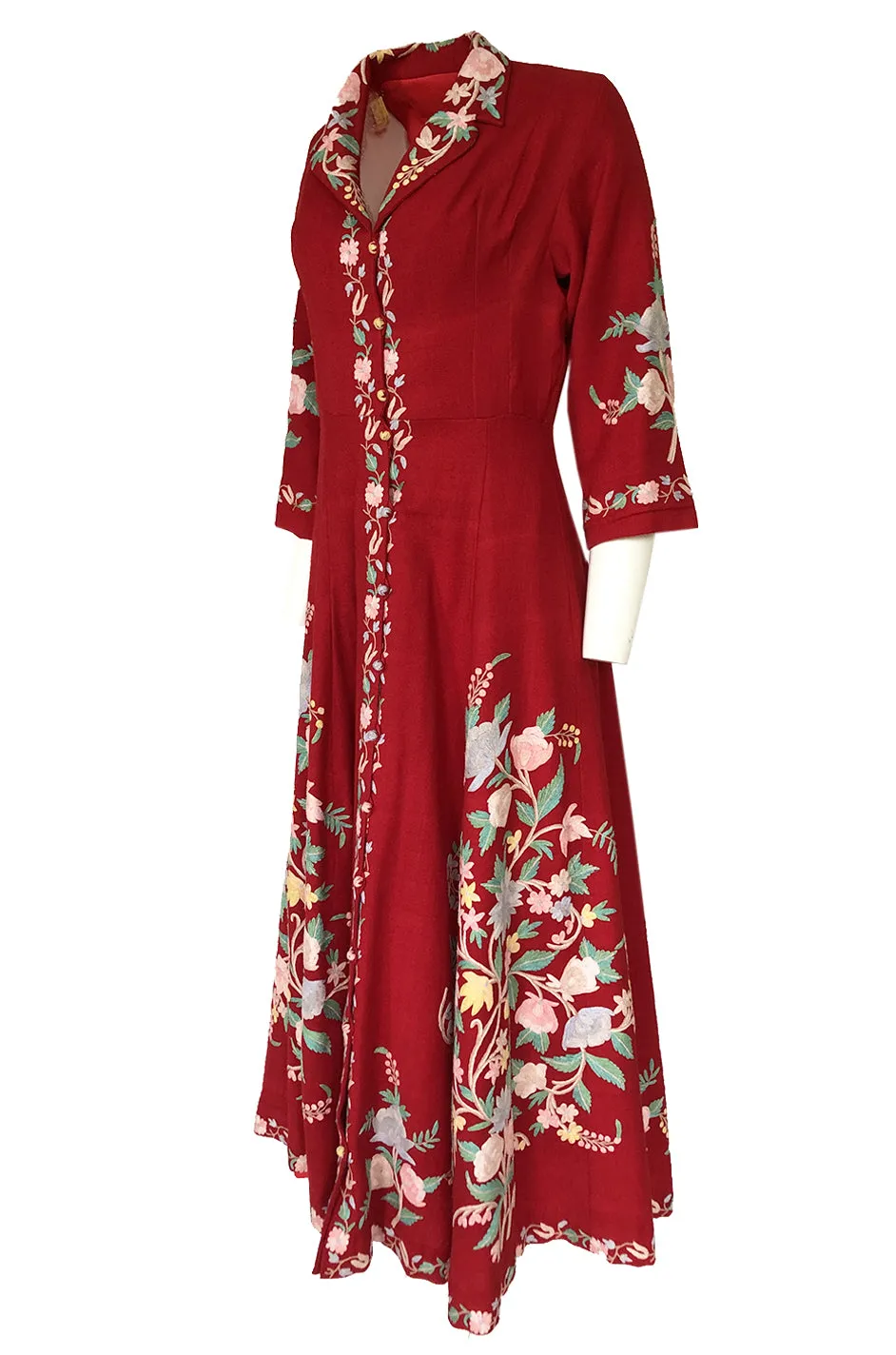 Exceptional 1930s Hand Embroidered Floral Crewel Red Dress or Coat