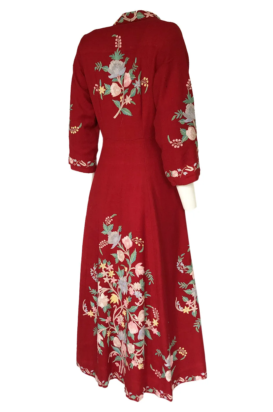 Exceptional 1930s Hand Embroidered Floral Crewel Red Dress or Coat