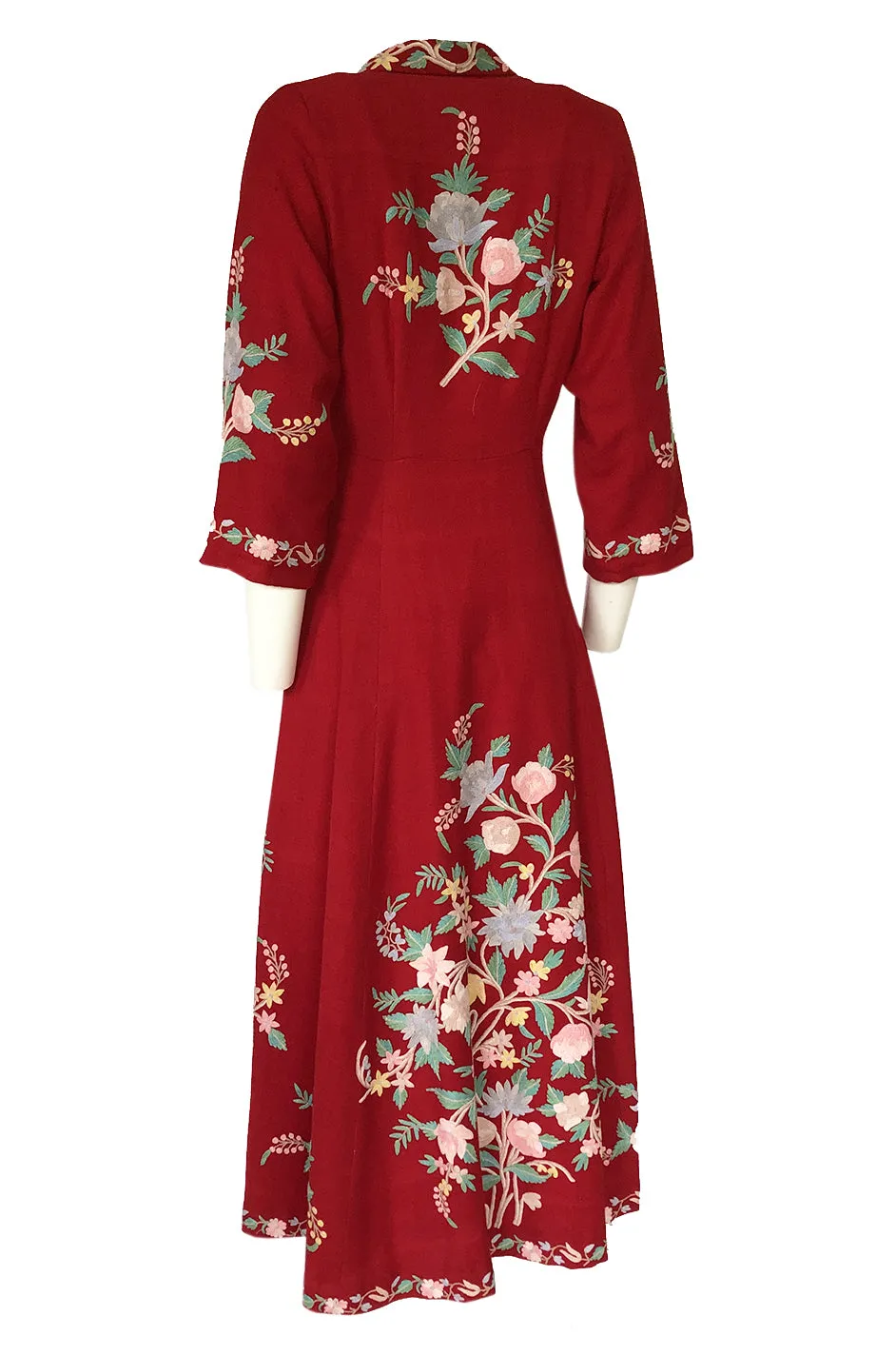 Exceptional 1930s Hand Embroidered Floral Crewel Red Dress or Coat