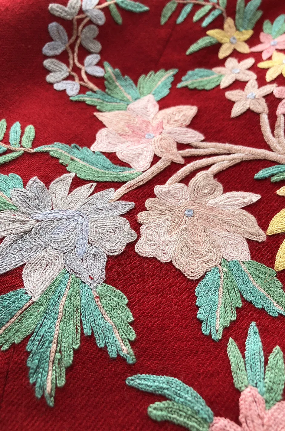 Exceptional 1930s Hand Embroidered Floral Crewel Red Dress or Coat