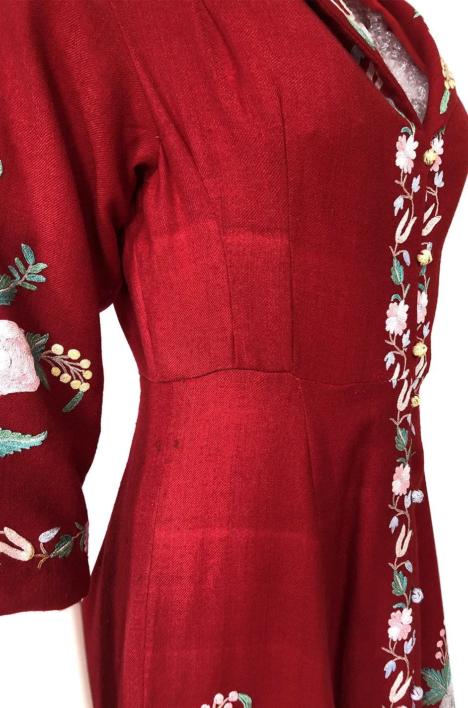 Exceptional 1930s Hand Embroidered Floral Crewel Red Dress or Coat