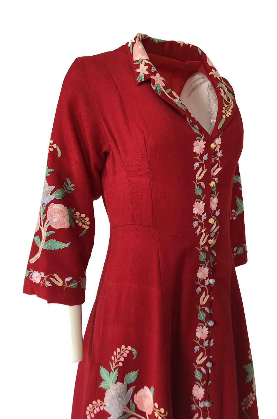 Exceptional 1930s Hand Embroidered Floral Crewel Red Dress or Coat