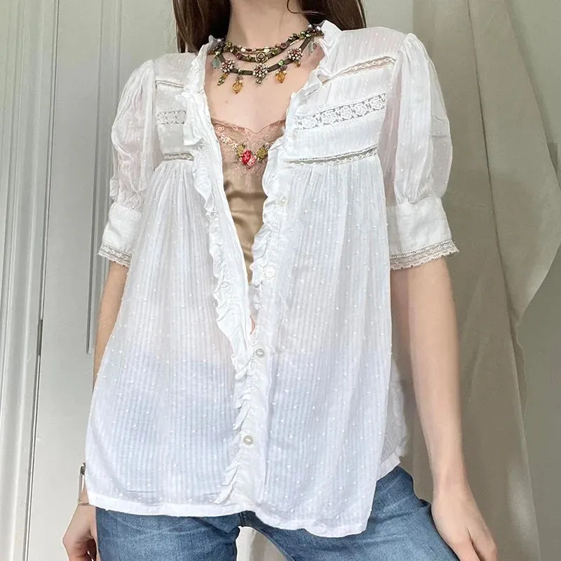 Fashion Chic Lace Patchwork White Shirt Women Puff Sleeve Ruffles Tops Buttons See Through Lolita Korean Blouse