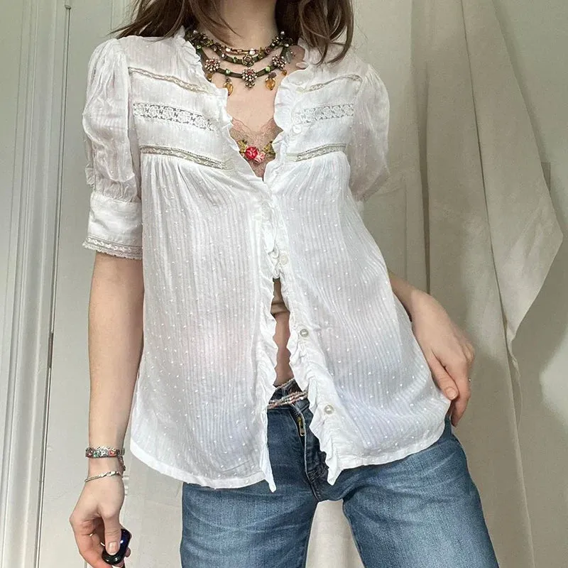 Fashion Chic Lace Patchwork White Shirt Women Puff Sleeve Ruffles Tops Buttons See Through Lolita Korean Blouse