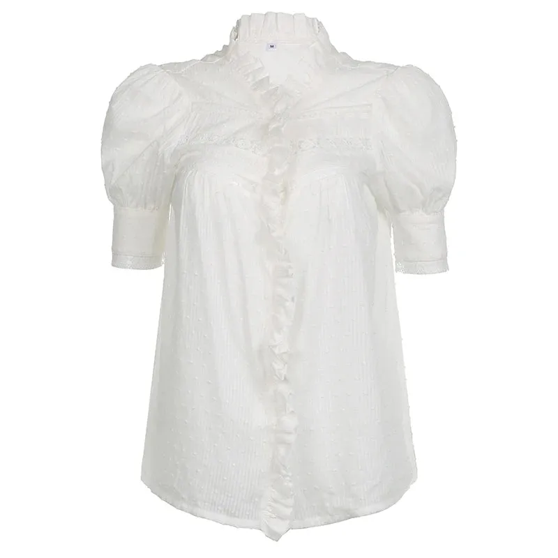 Fashion Chic Lace Patchwork White Shirt Women Puff Sleeve Ruffles Tops Buttons See Through Lolita Korean Blouse