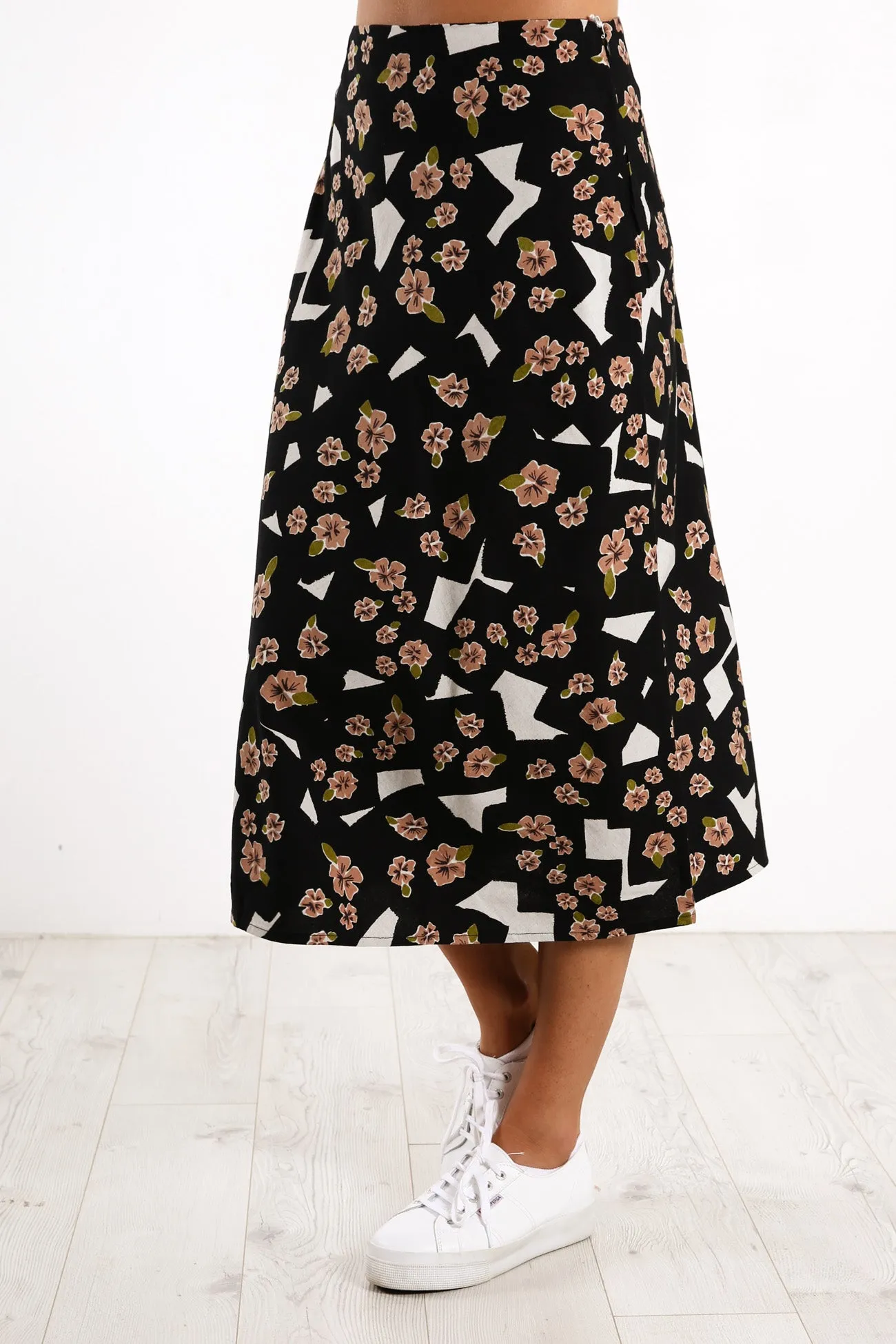 Floral Pop Midi Skirt Black