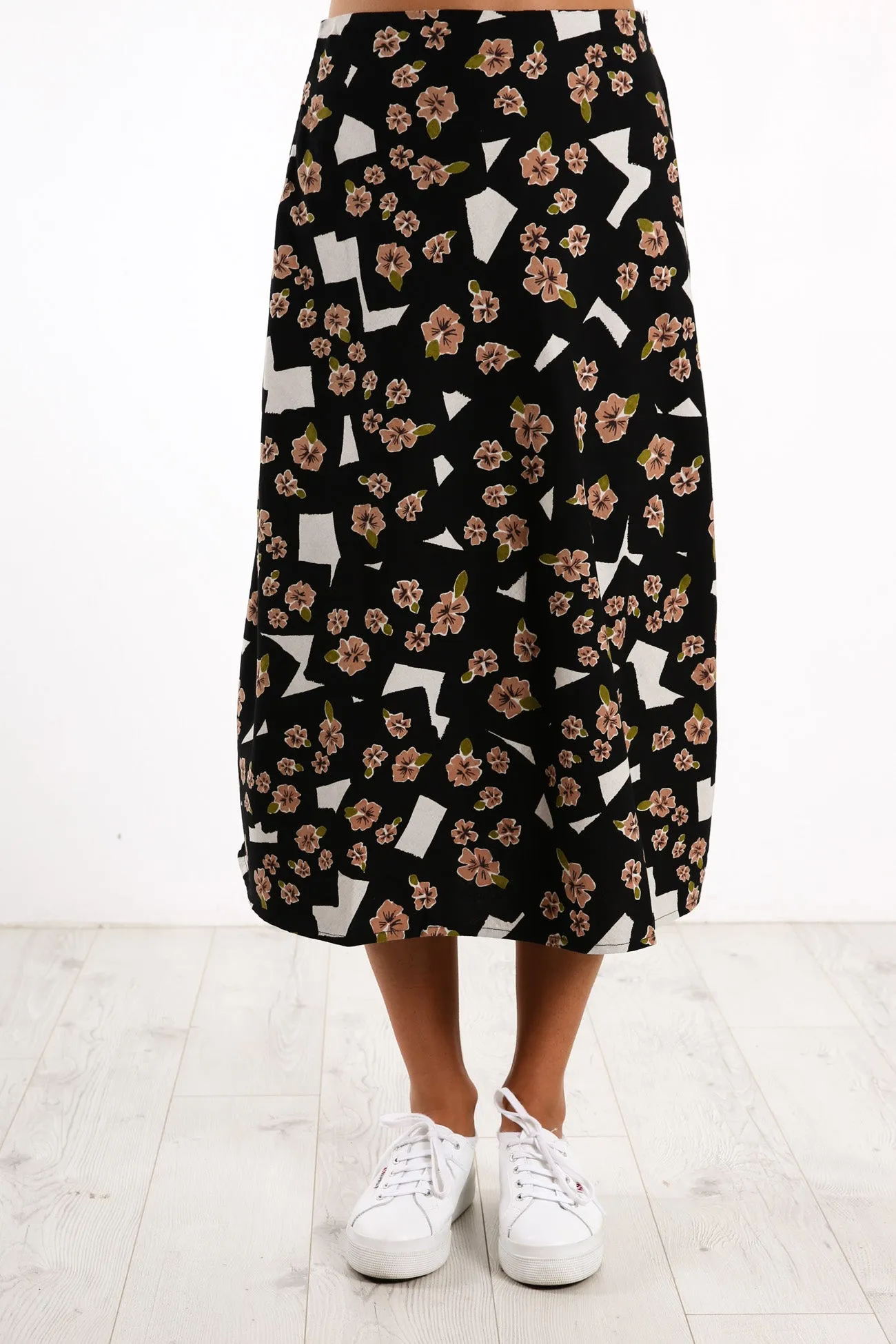 Floral Pop Midi Skirt Black