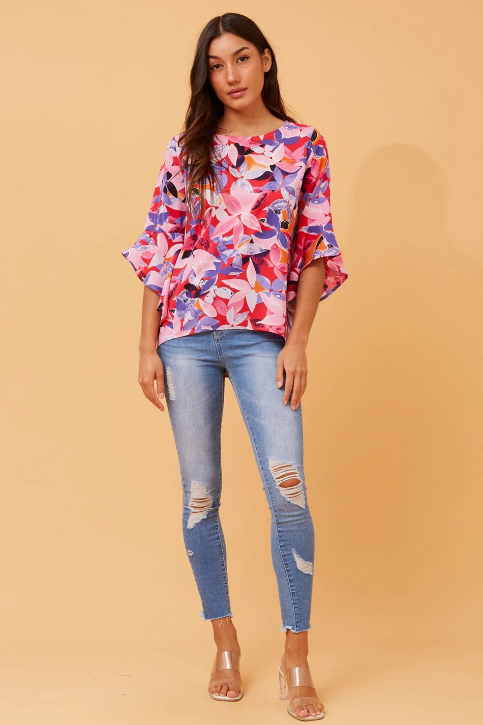 FOREVER FLORAL FLUTE SLEEVE TOP