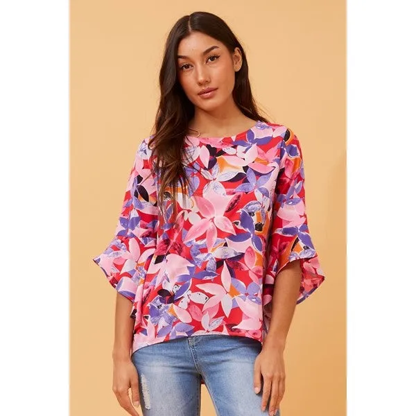 FOREVER FLORAL FLUTE SLEEVE TOP