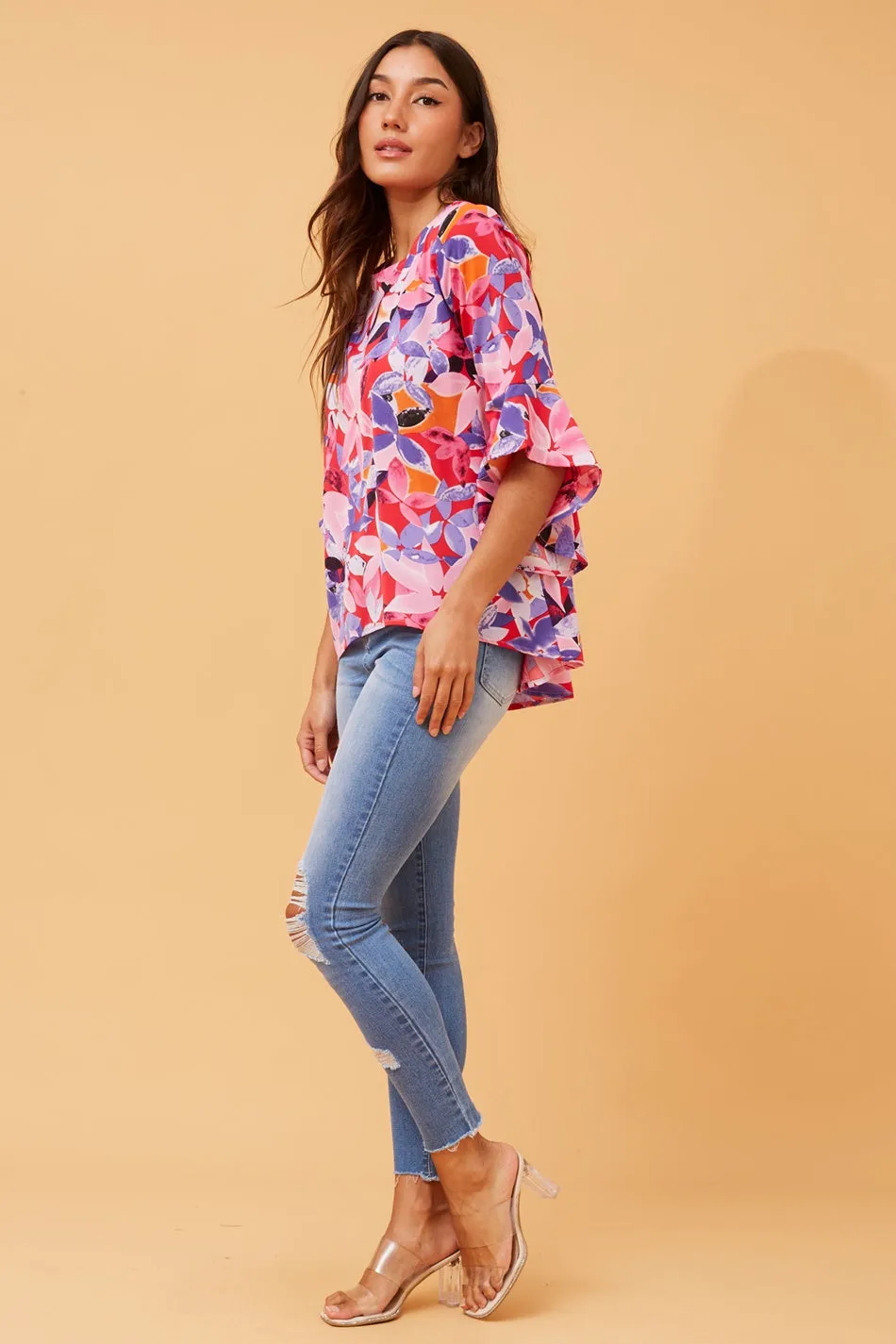 FOREVER FLORAL FLUTE SLEEVE TOP