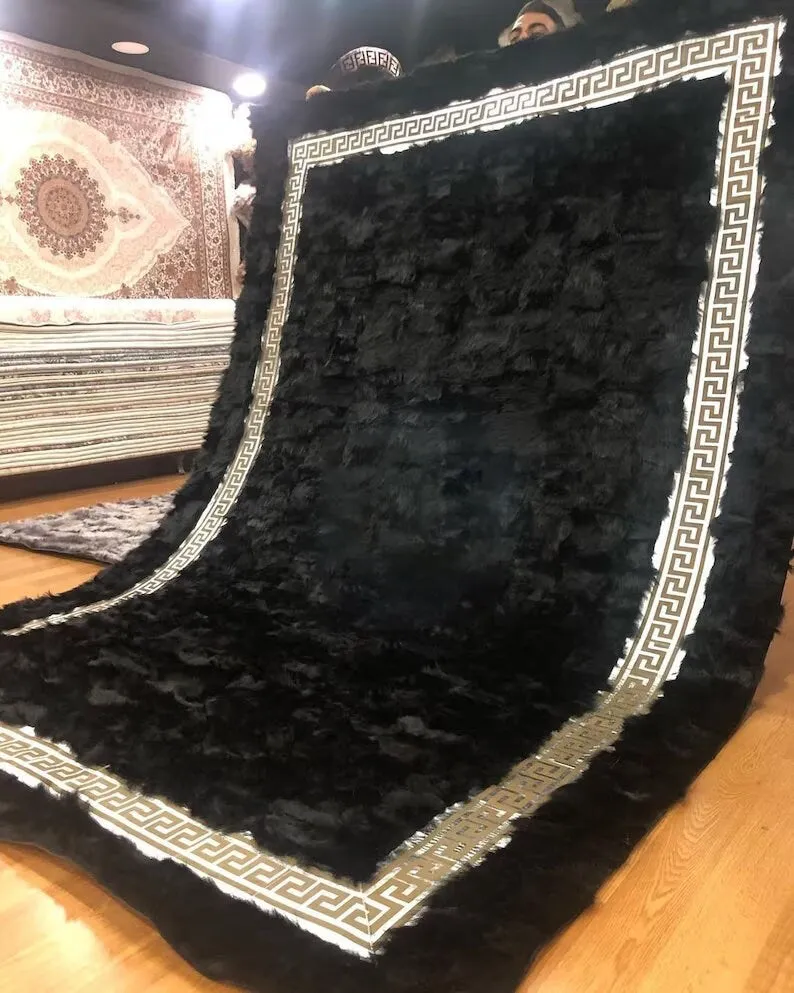 Genuine Handmade Black Sheepskin Elegant Bedroom Fur Rug ,Non Slip Rug