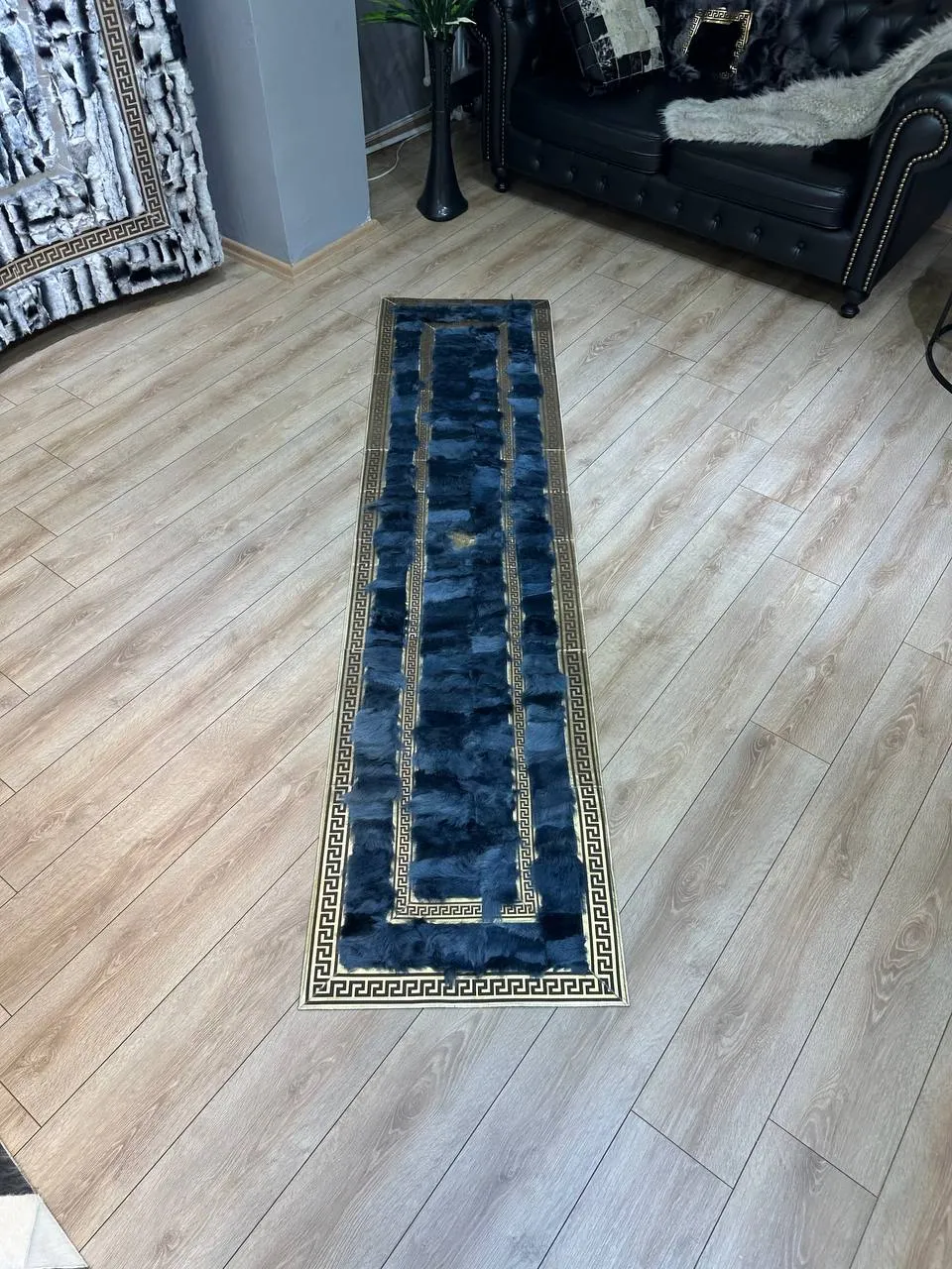 Genuine Handmade Blue Home Decor Runner Rug , Sheepskin Non Slip Rug