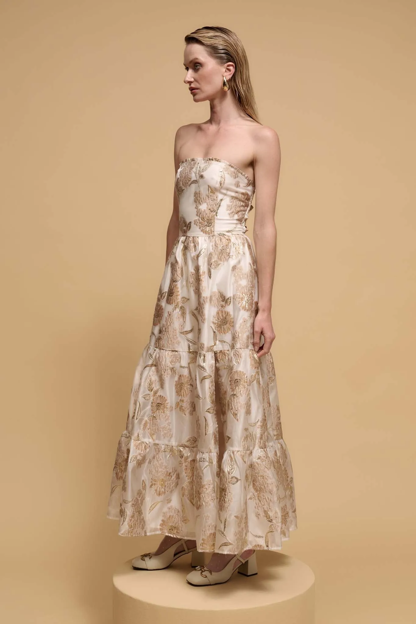 Gilded Garland Metallic Floral Brocade Maxi Dress