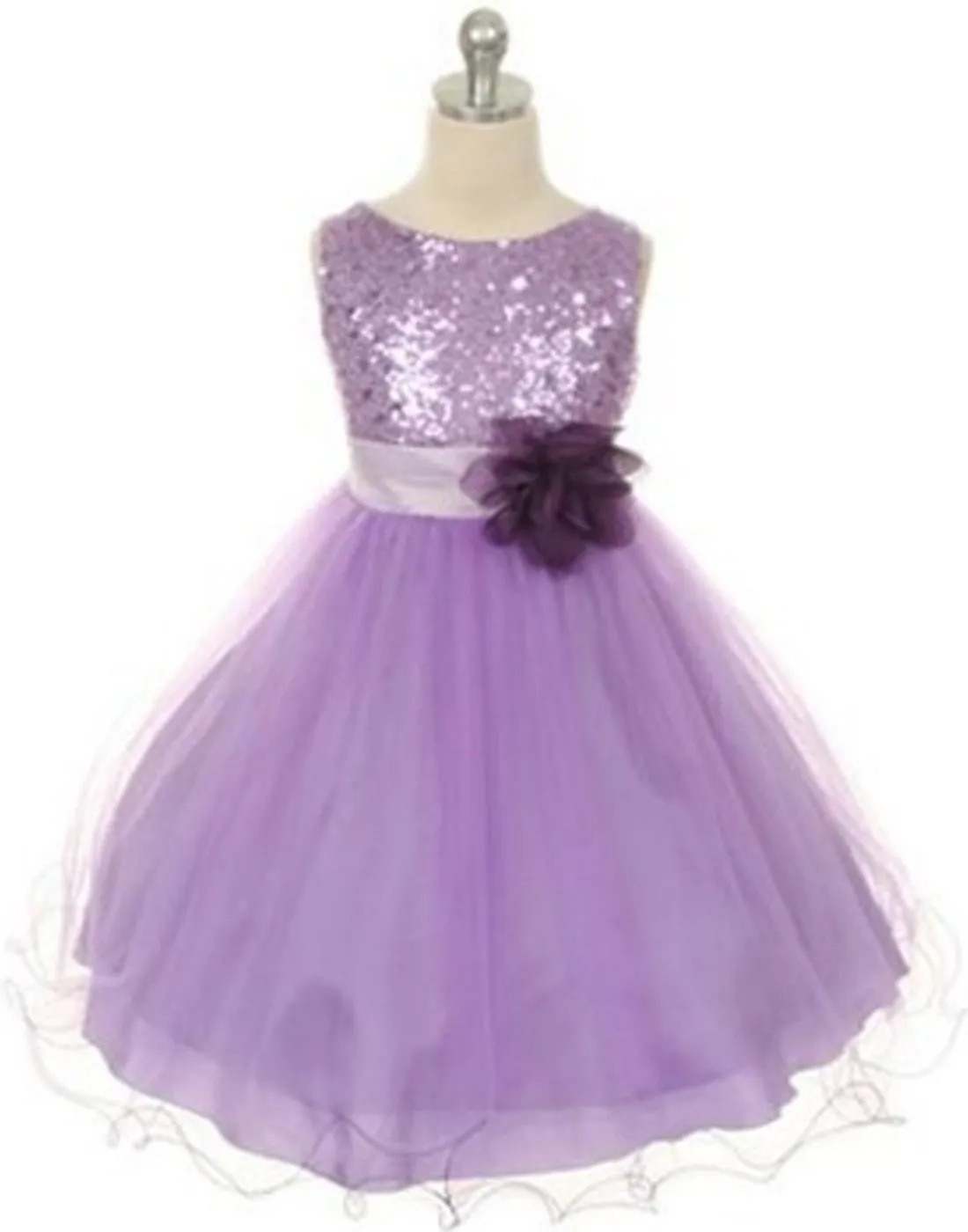 Glittery Sequined Bodice and Double Layered Mesh Dress - Lavender