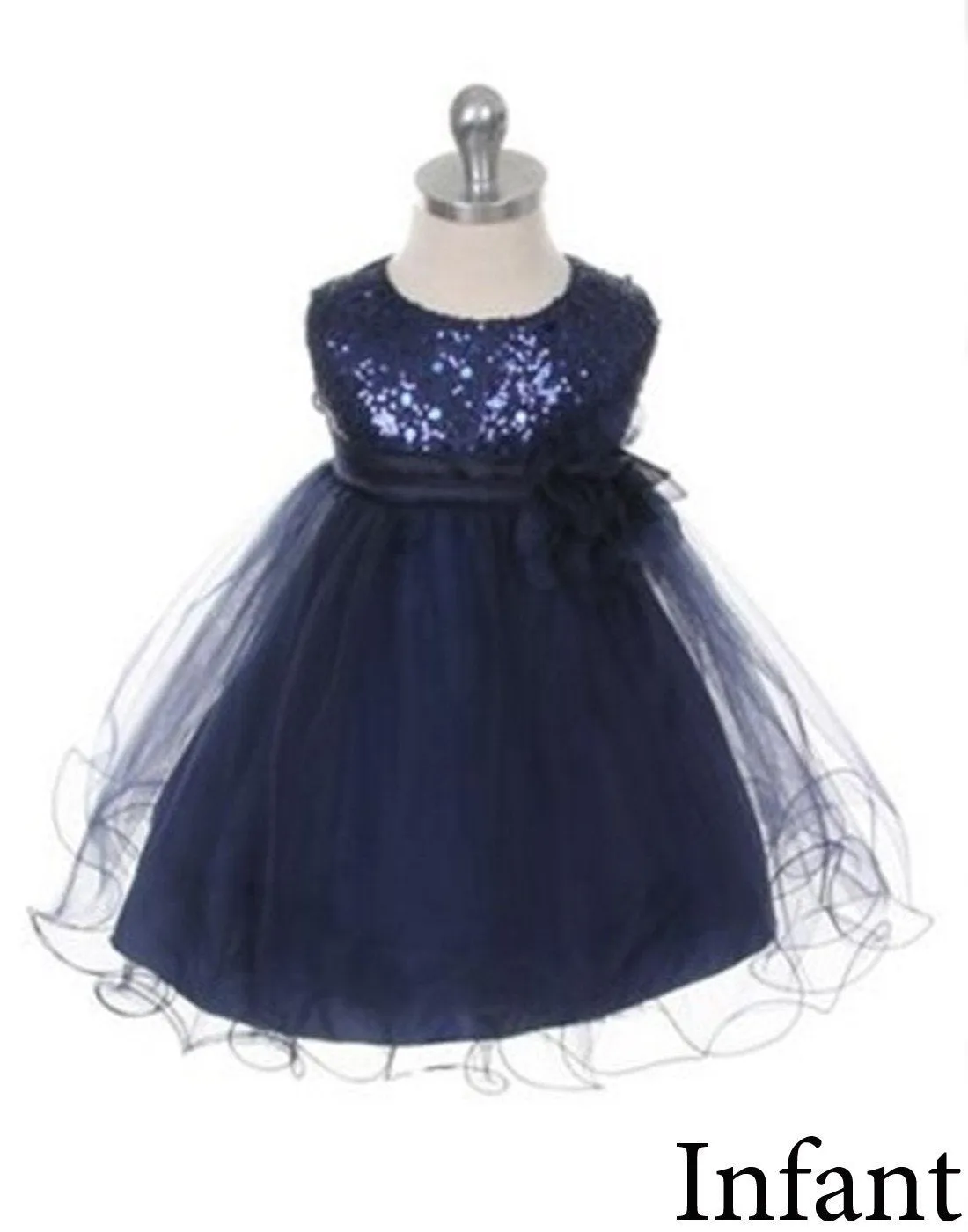 Glittery Sequined Bodice and Double Layered Mesh Dress - Navy Blue