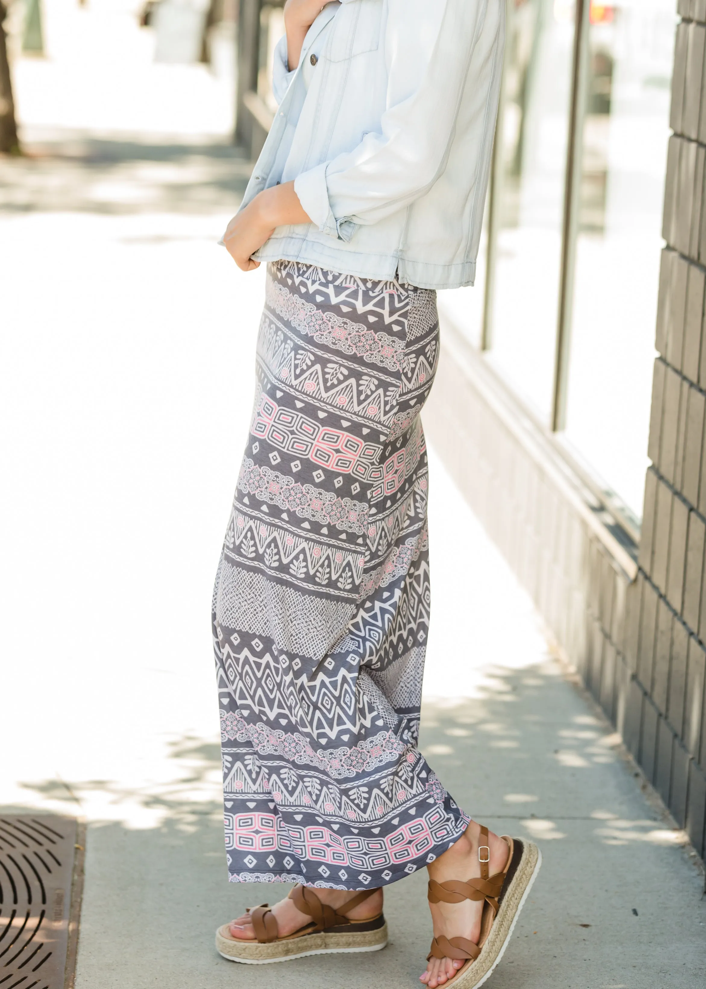 Gray and Pink Geometric Print Maxi Skirt - FINAL SALE