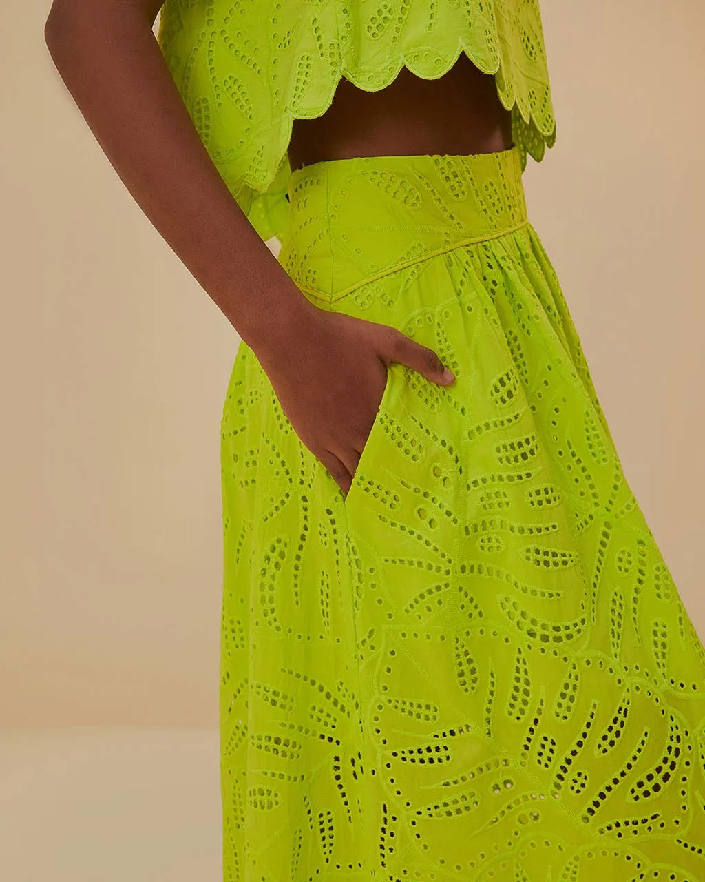 Green Monstera Eyelet Maxi Skirt