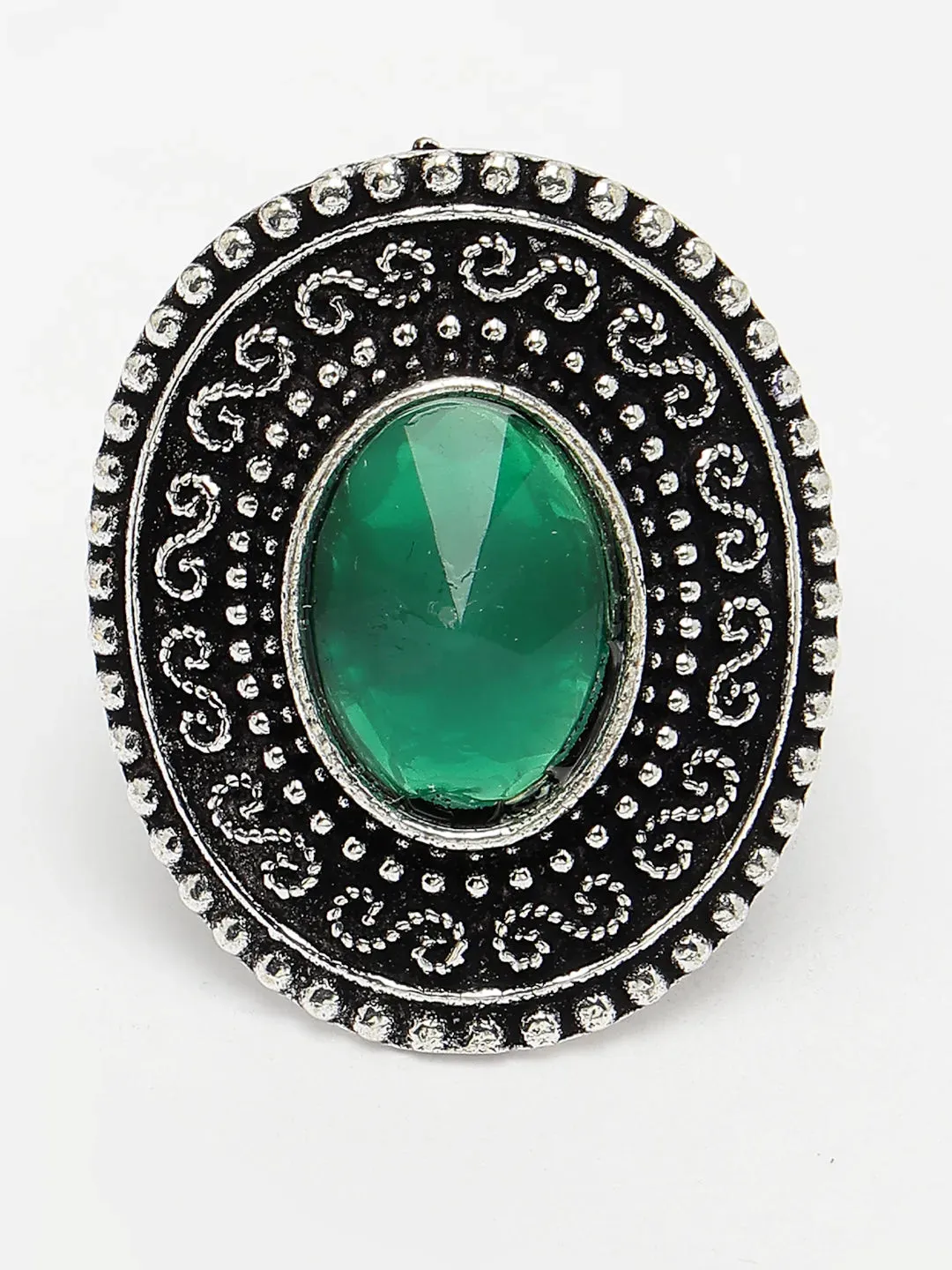 Green Silver-Toned German Silver Adjustable Finger Ring