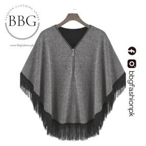 Grey Women Zipper Cape Poncho