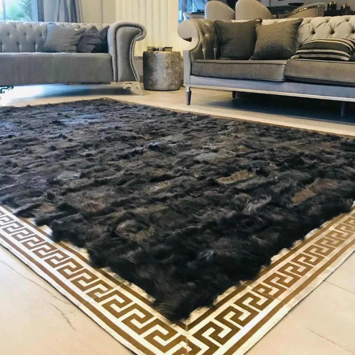 Handmade Natural Black Sheepskin Living Room Rug,Patchwork NonSlip Rug