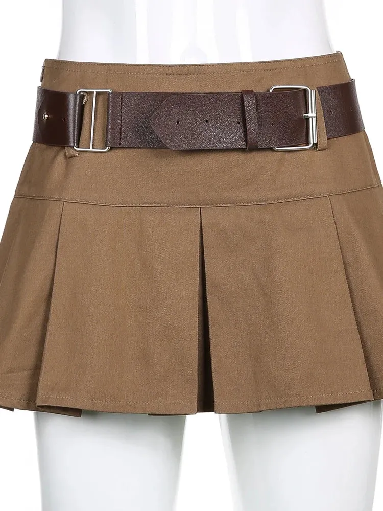 Harajuku Khaki Belted High Waist Mini Skirt Women Vintage Clothes Korean Short Pleated Skirt Preppy Style Cargo Chic