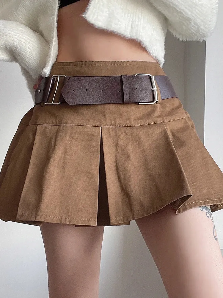 Harajuku Khaki Belted High Waist Mini Skirt Women Vintage Clothes Korean Short Pleated Skirt Preppy Style Cargo Chic