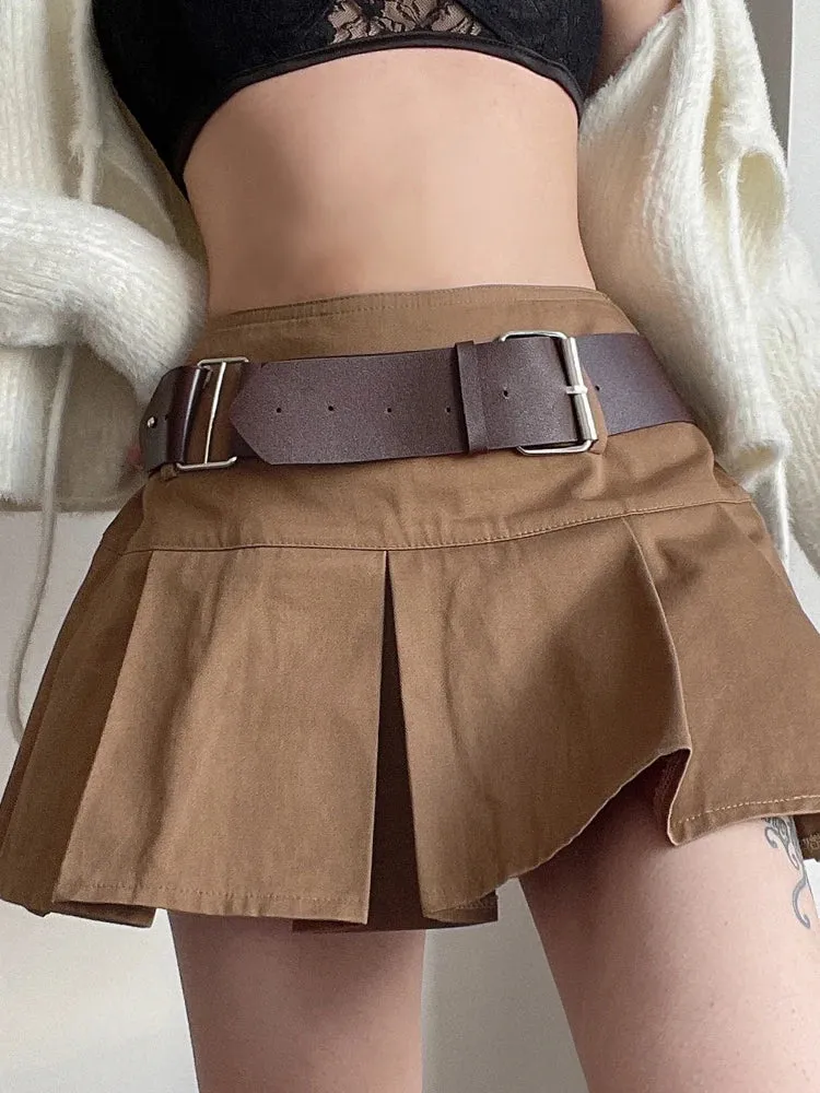 Harajuku Khaki Belted High Waist Mini Skirt Women Vintage Clothes Korean Short Pleated Skirt Preppy Style Cargo Chic