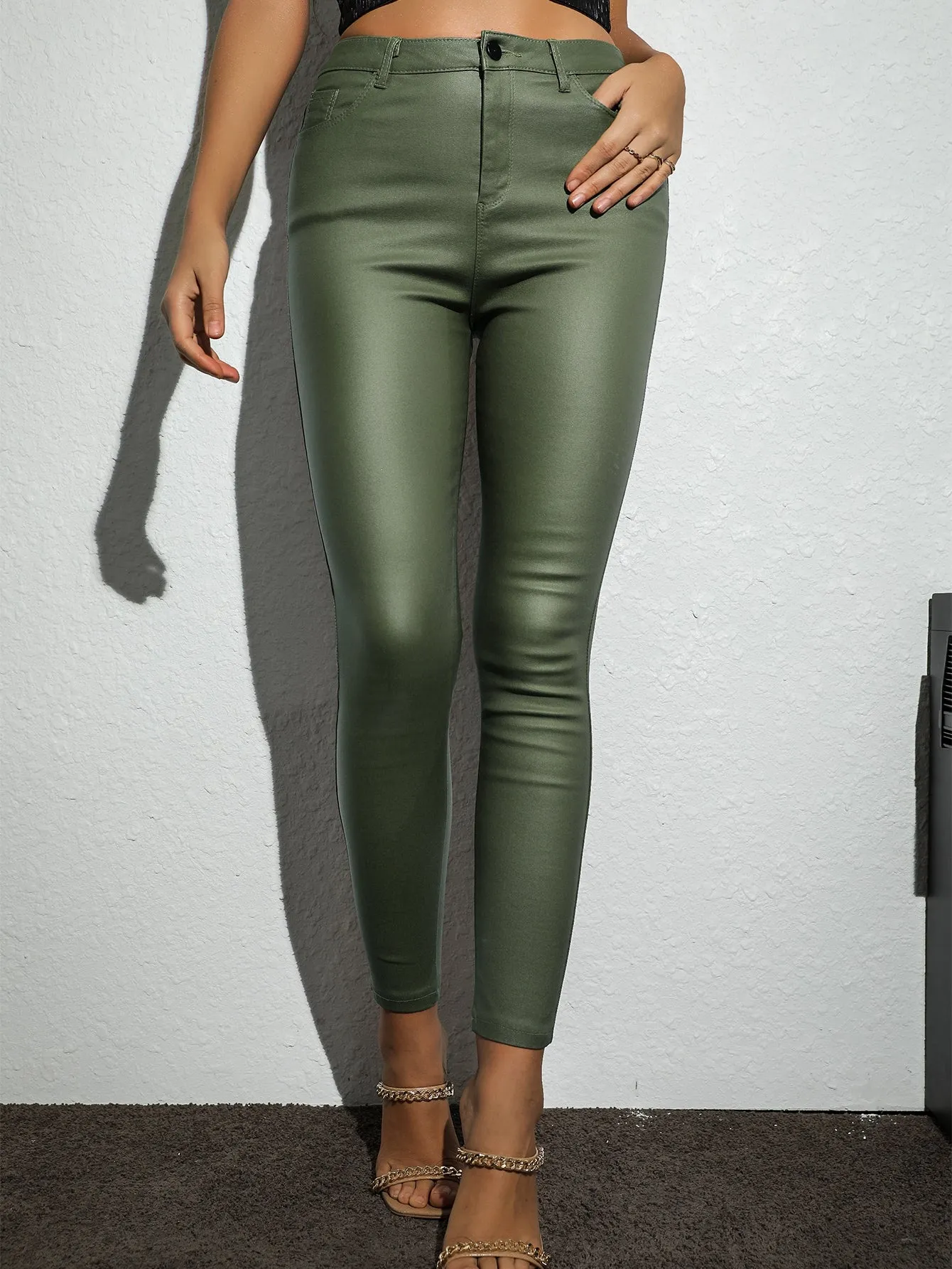 High Waist Thermal Lined PU Leather Skinny Cropped Pants