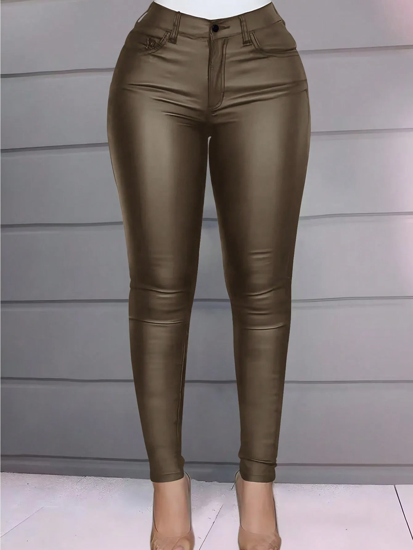 High Waist Thermal Lined PU Leather Skinny Cropped Pants