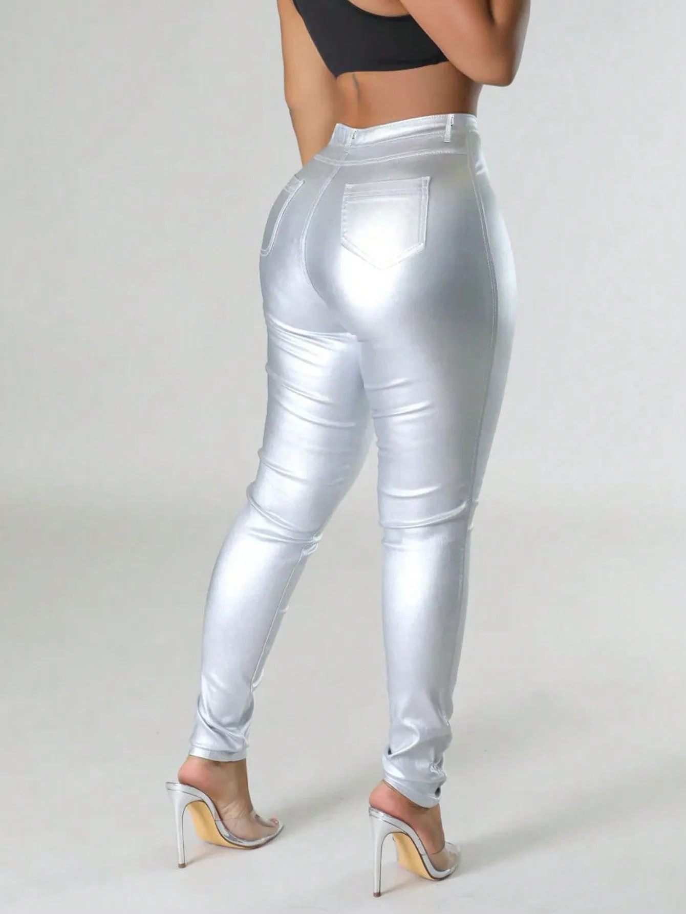 High Waist Thermal Lined PU Leather Skinny Cropped Pants