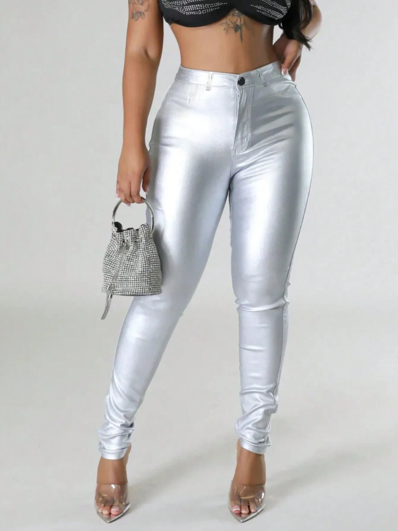 High Waist Thermal Lined PU Leather Skinny Cropped Pants