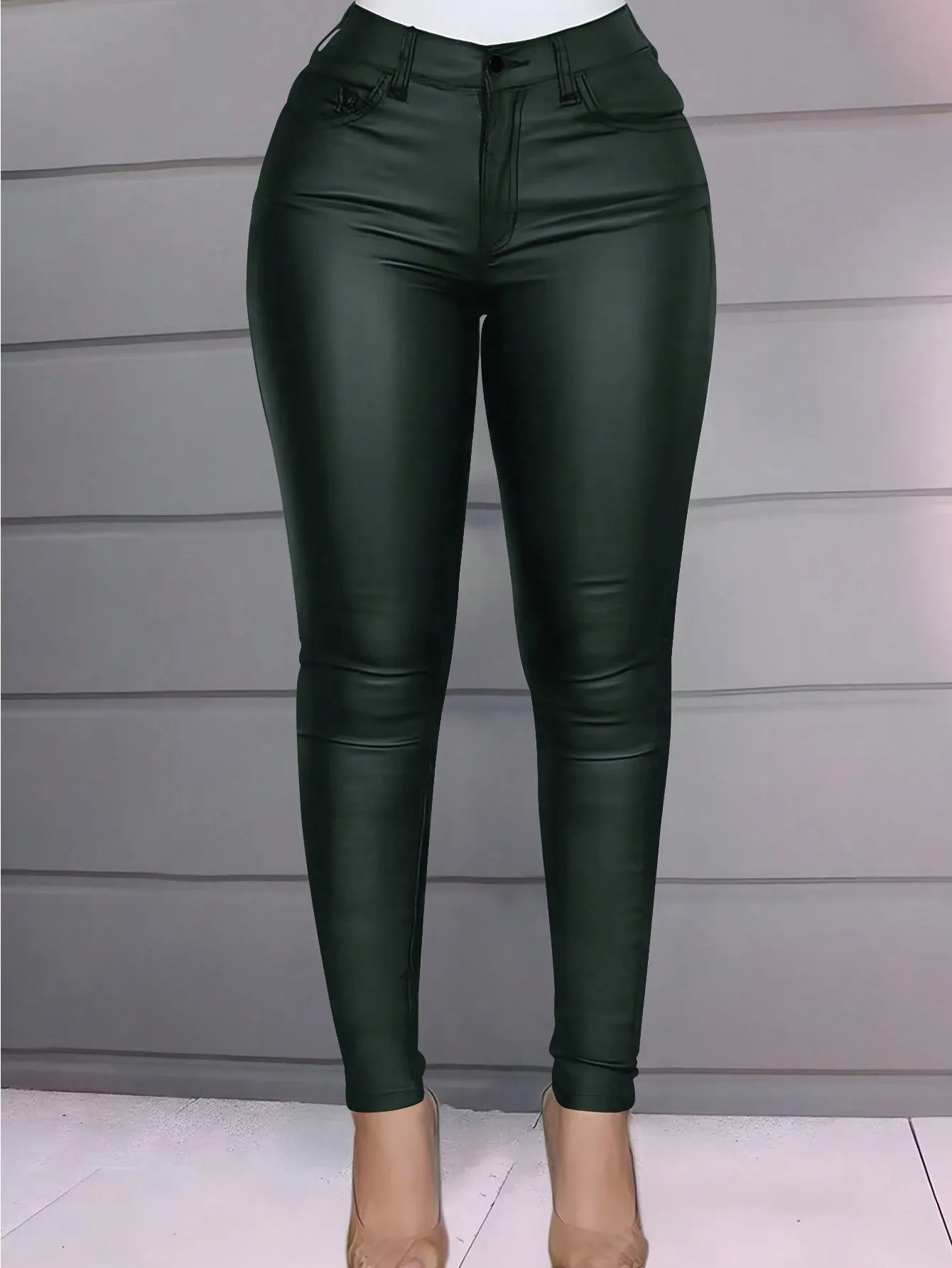 High Waist Thermal Lined PU Leather Skinny Cropped Pants