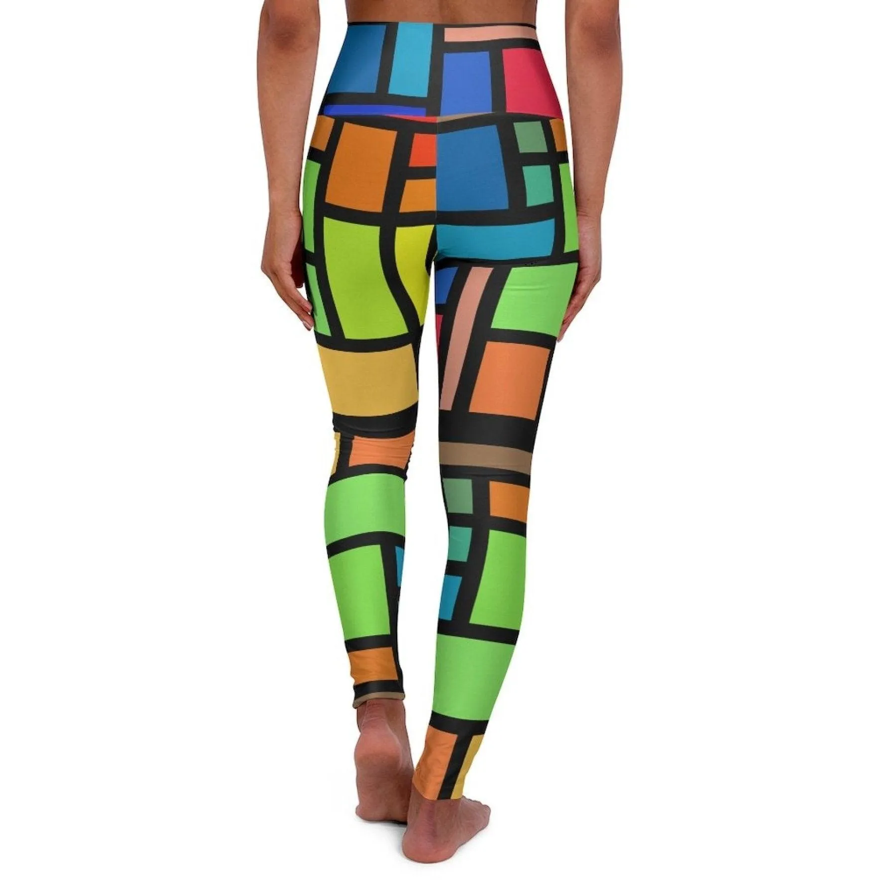 High Waisted Yoga Pants, Multicolor Block And Black Grid Style Sports