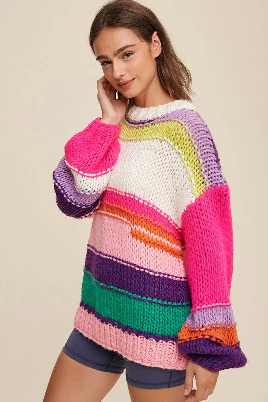 Hot Pink Multi Open Mixed Knit Slouchy Hand Crochet Sweater