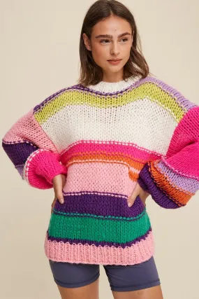 Hot Pink Multi Open Mixed Knit Slouchy Hand Crochet Sweater