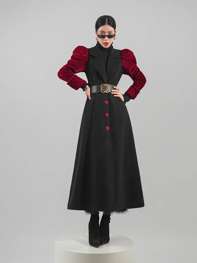 Huanzi haute couture French vintage contrast puff sleeves cinched waist double-sided cashmere coat women's autumn winter tweed coat