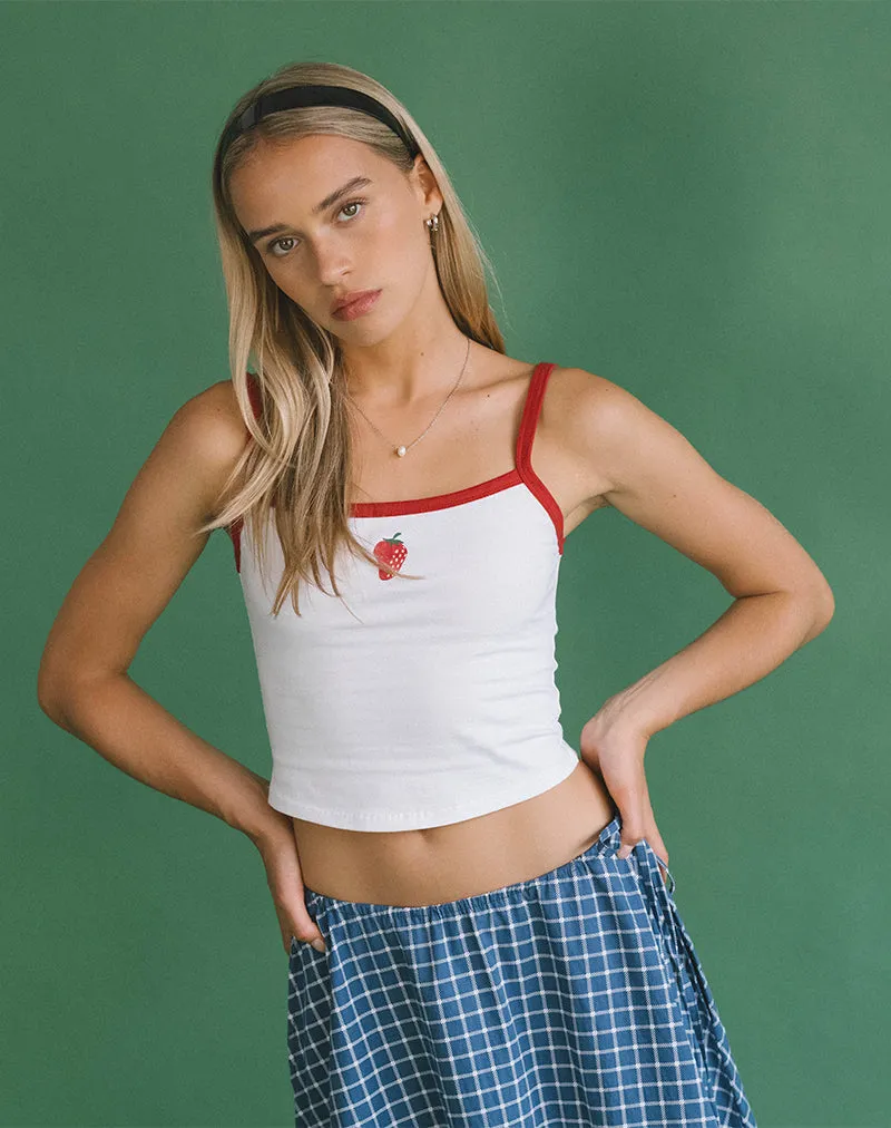 Icah Vest Top in White with Red Binding and Strawberry