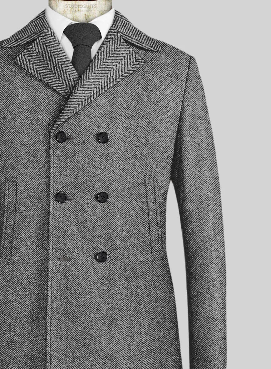 Italian Highlander Gray Herringbone Tweed Pea Coat