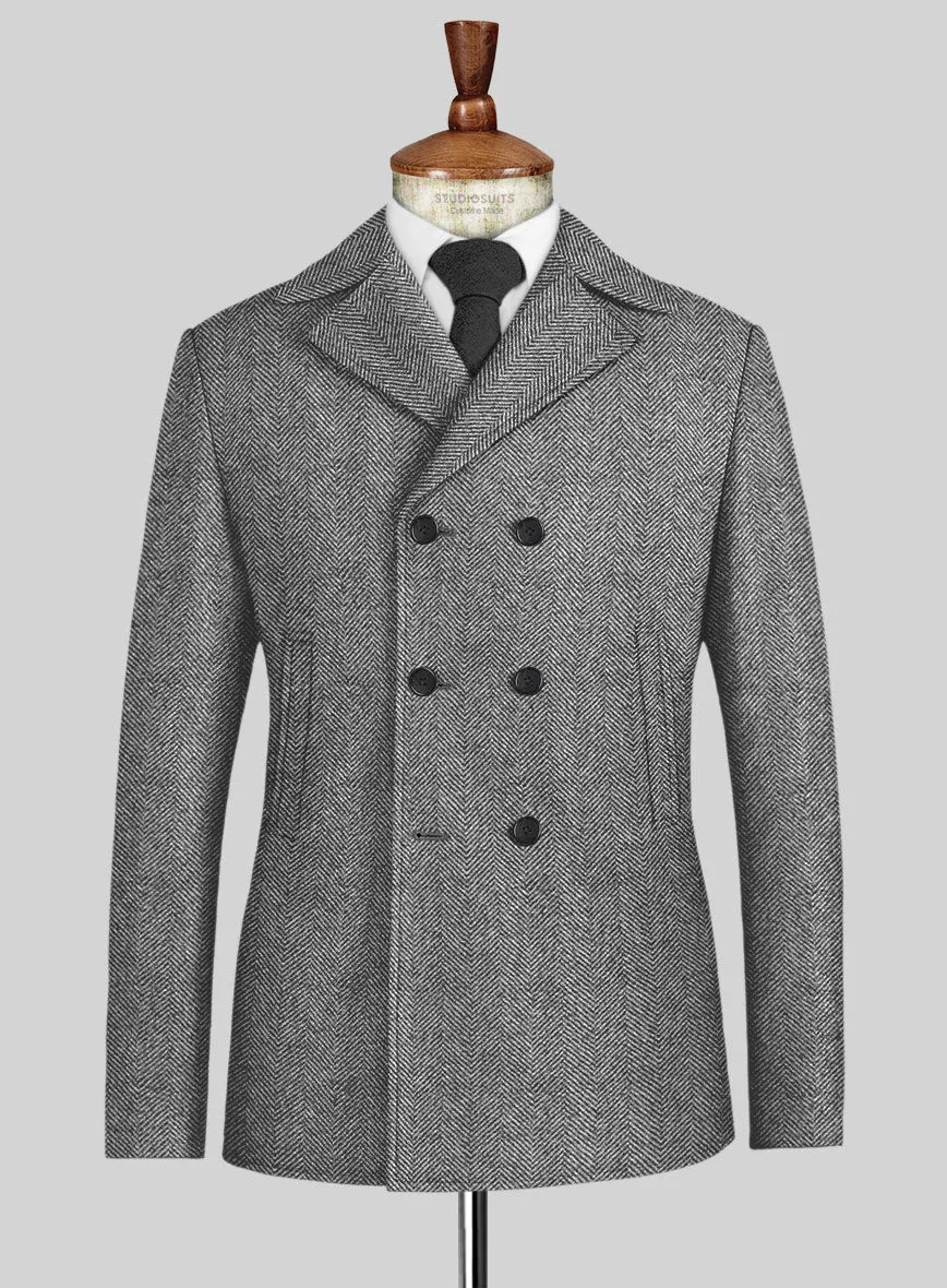 Italian Highlander Gray Herringbone Tweed Pea Coat