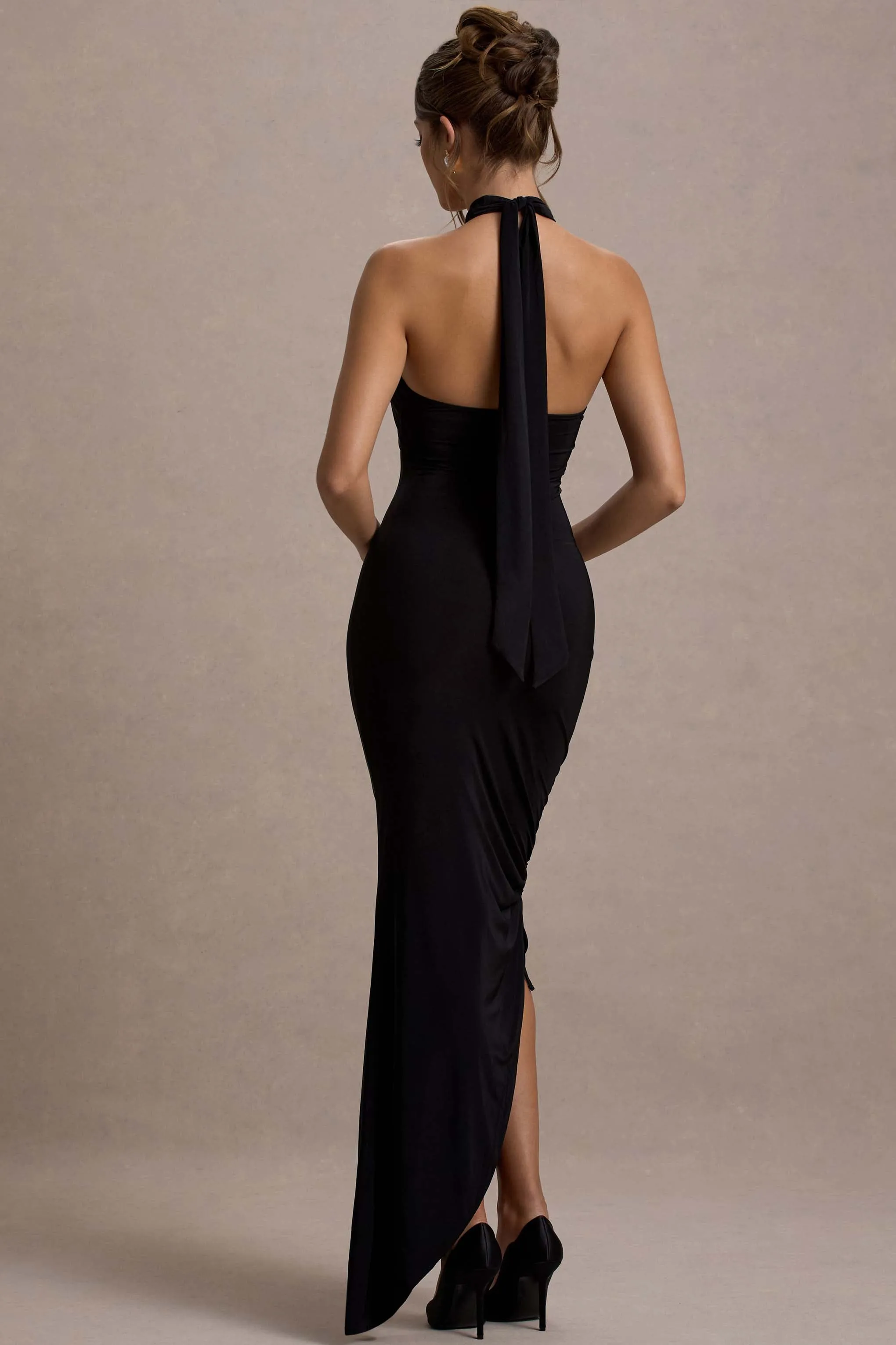 Jaiya | Black Ruched Halter-Neck Asymmetric Maxi