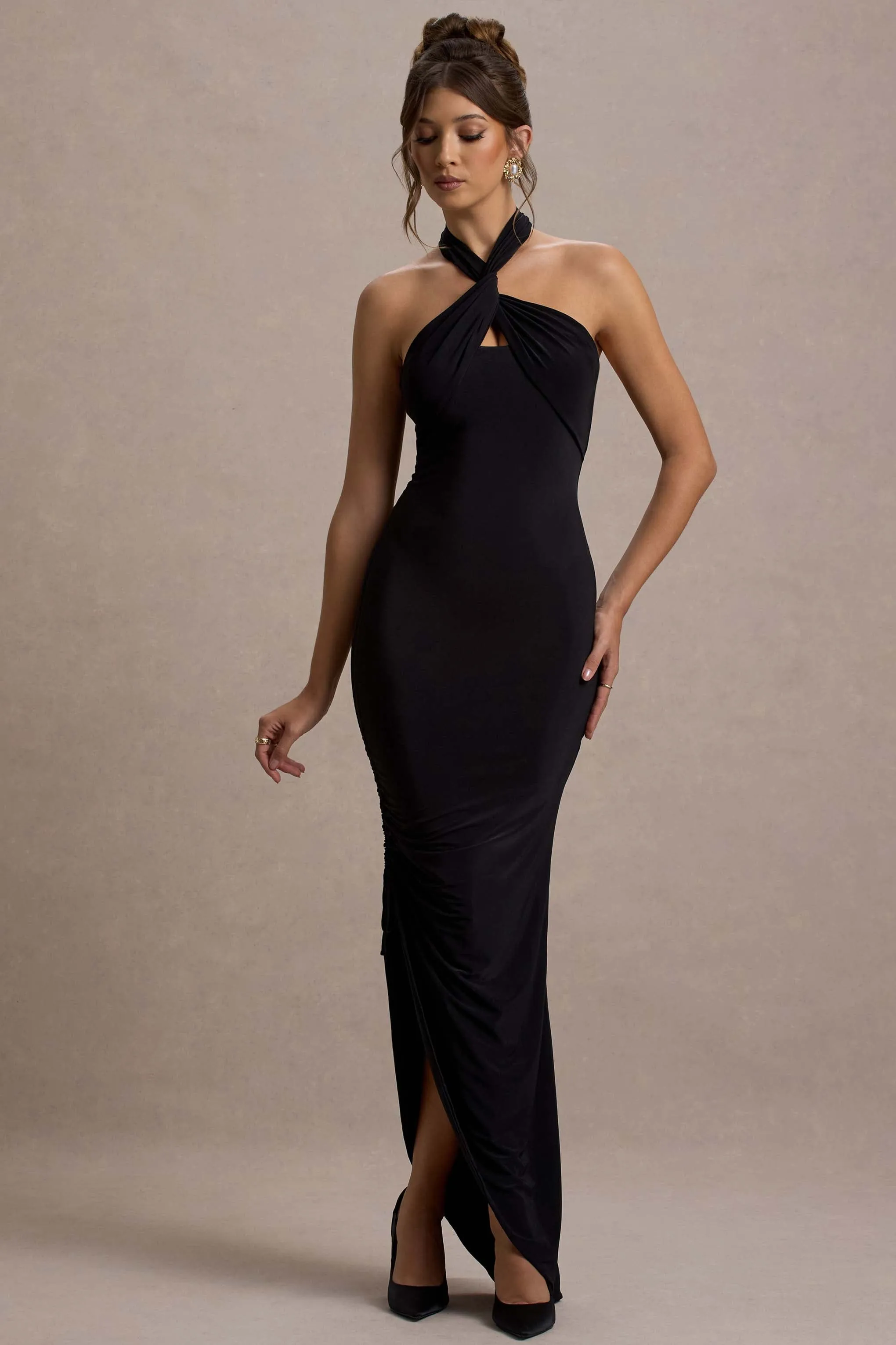 Jaiya | Black Ruched Halter-Neck Asymmetric Maxi