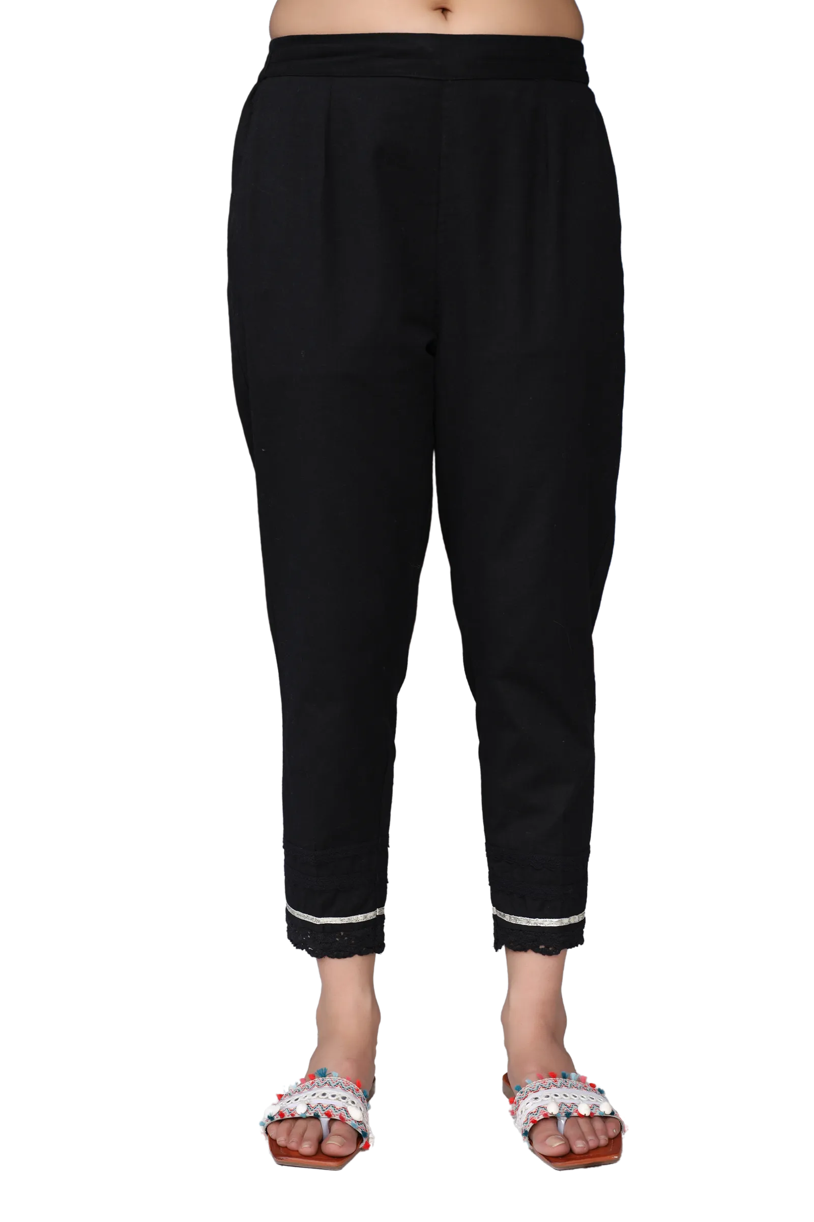 Jashvi Black Solid Cotton Women Slim Fit Laced Pants With Single Side Pocket & Drawstring